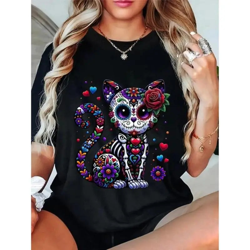 100%25 Cotton Unisex Dia of Los Muertos Cinco of Mayo Cat Sugar Skull Men Women T-Shirt Cotton Unisex Graphic T-Shirt Crew Neck Blouse Cotton T-Shirt Top Womenswear Tshirt Streetwear
