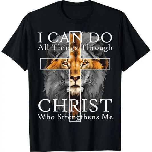 Men's Lion Cross Graphic T-Shirt, Casual Christian Faith Streetwear Top, 100%25 Cotton Short Sleeve Round Neck