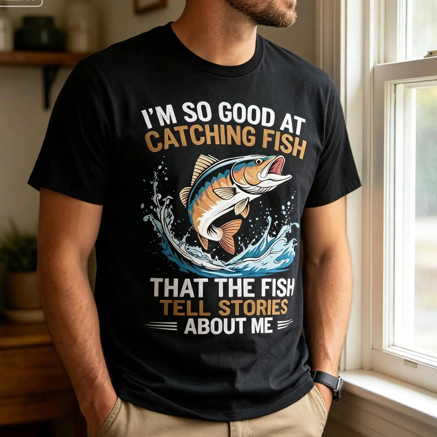 Men's Funny Fishing T-Shirt I Fish So Well The Fish All Tell Stories with Jumping Fish Graphic Lightweight Breathable 100%25 Cotton All-Season Casual Outdoor Fishing Apparel Sizes S-XXXL Machine Washable Ideal Gift  double print  Tshirt Round Neck Menswea