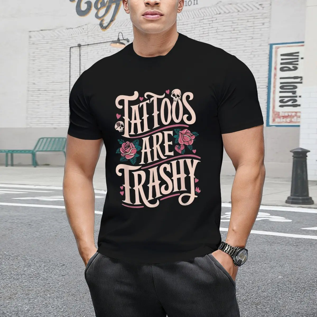 Unisex T-Shirt |   Casual Round Neck, Geometric Pattern, "Tattoos Are Trashy" Slogan, Breathable Knit Fabric