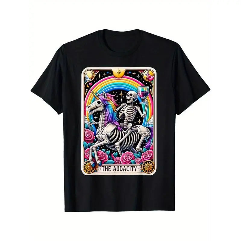 Women's 100%25 Cotton Fitted Round Neck Shortsleeve Streetwear Tshirt - The Audacity Funny Tarot Card Sarcastic Skeleton Design, Casual Soft Breathable DIY-Friendly Clothes