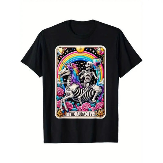 Women's 100%25 Cotton Fitted Round Neck Shortsleeve Streetwear Tshirt - The Audacity Funny Tarot Card Sarcastic Skeleton Design, Casual Soft Breathable DIY-Friendly Clothes