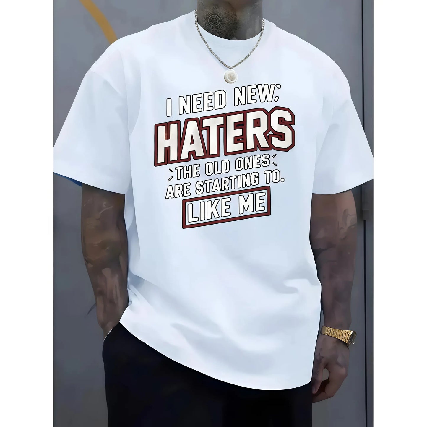 Graphic T-Shirt, Men's Streetwear "I Need New Haters" Print, Casual Round Neck Short Sleeve Top for Plus Sizes