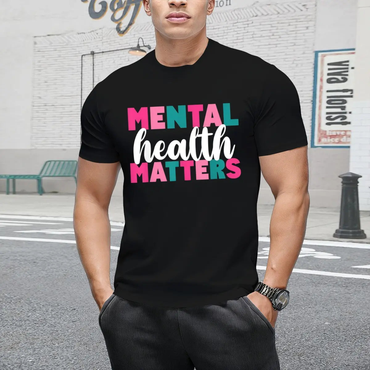 Mental Health Awareness T-Shirt - "Mental Health Matters" Bold Pink & Teal Lettering, Unisex Adult Black Cotton Tee, Soft Round Neck Short Sleeve Shirt for Casual Attire & Advocacy Events, Machine Was