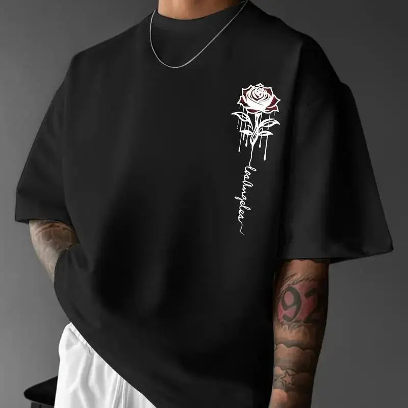 Cotton short sleeve T-shirt comfortable loose fit men's casual rose print T-shirt-crew neck, polyester blend, quick-drying, summer wear 052