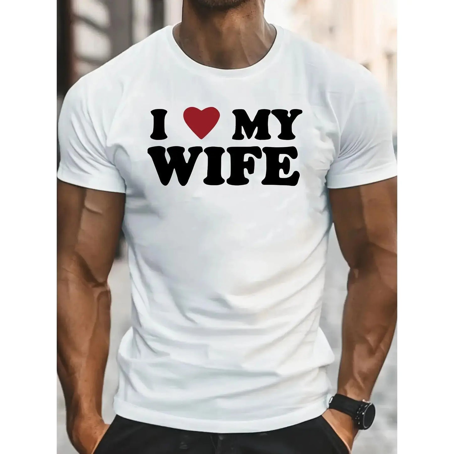 Men'S Funny "I Love My Wife" Graphic T-Shirt with Red Heart - White Casual Round Neck Short Sleeve Tee, Romantic Gift for Husband, Anniversary & Valentine'S Day, Family T-shirt, Family T-shirt In Green, T Shirt For Men, Men Graphic Tee, Funny Tshirt