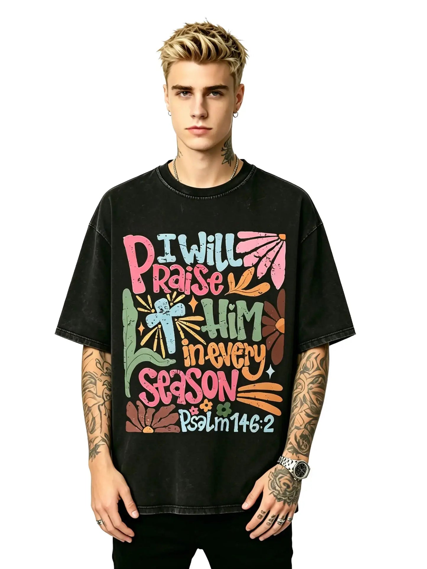 Men's Top Short-Sleeve Washed Oversized Christian T-Shirt - Psalm 146:2 "I Will Praise Him In Every Season" Floral Graphic Tee comfy stylish