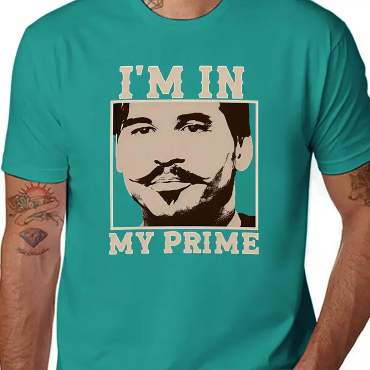 Vintage Tombstone Graphic T-Shirt for Men | Doc Holiday "I'm In My Prime" Print | Relaxed Fit Cotton Streetwear with Shortsleeve Crew Neck