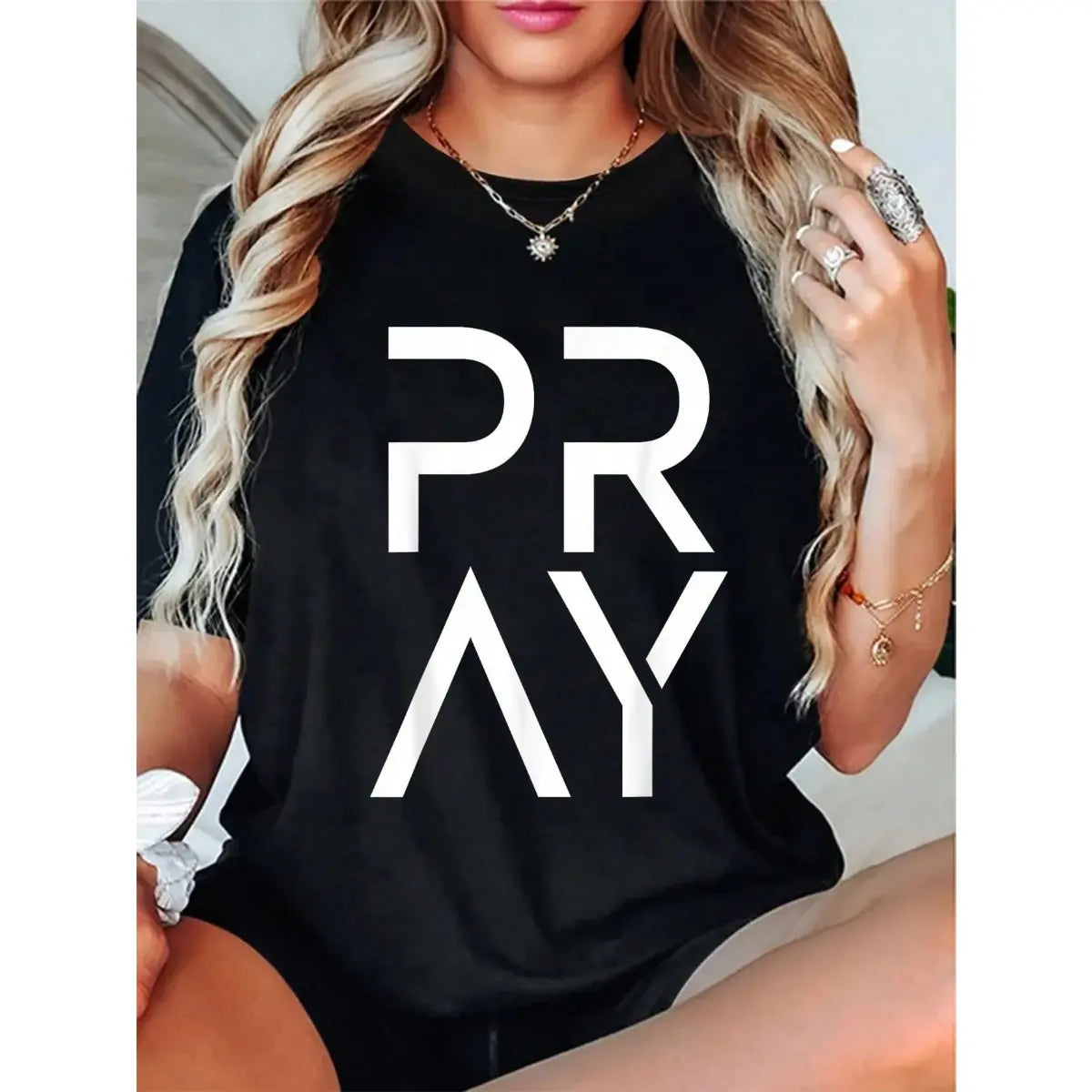 Women's Casual Prayer Warrior T-Shirt in 100%25 Cotton, Drop Shoulder Short Sleeve Top with Faith-Inspired Lettering, Fabric