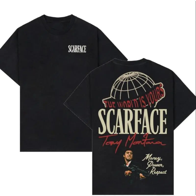 Scarface Two Sides Graphic Tee - The World is Yours Design with Tony Montana Iconic Image Perfect for Movie Fans and Streetwear Enthusiasts Menswear Casual Crewneck Tshirt Cotton Y2K Streetwear Tee good  graphic  tees gifts for him