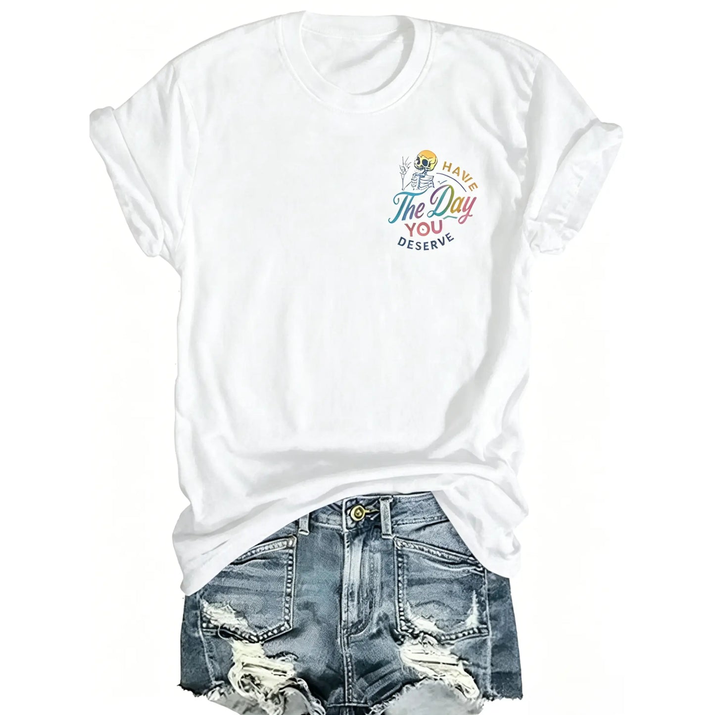 100%25 Cotton Unisex Loose Fit Short Sleeve T-Shirt, Women's Casual Daily Crew Neck Tee with Letter, Skull & Inspirational Gradient Print, Trendy Spring Summer Streetwear Top