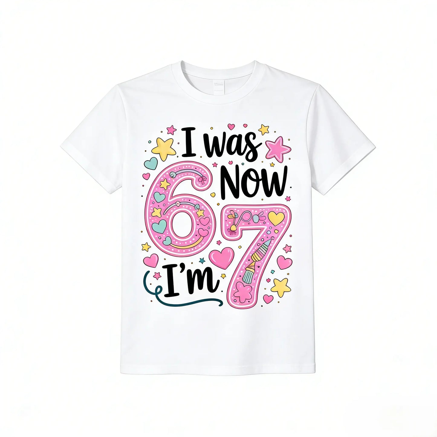 [New Year Gift] 7th Birthday T-Shirt – "I Was 6 Now I’m 7" Funny Birthday Party Outfit, Number 67 & Heart Balloons Design, Soft Breathable Tee for Boys and Girls, Casual Loose Fit Birthday Celebration Top