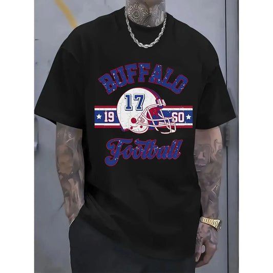 Men's Vintage Buffalo Football Graphic T-Shirt - 100%25 Cotton Loose Fit Streetwear Tee with Retro 19 & 50 Numbers, Short Sleeve Round Neck Casual Shirt for Sports Fans & Casual Attire, Sports Fan Apparel | Sporty Design | Durable Print