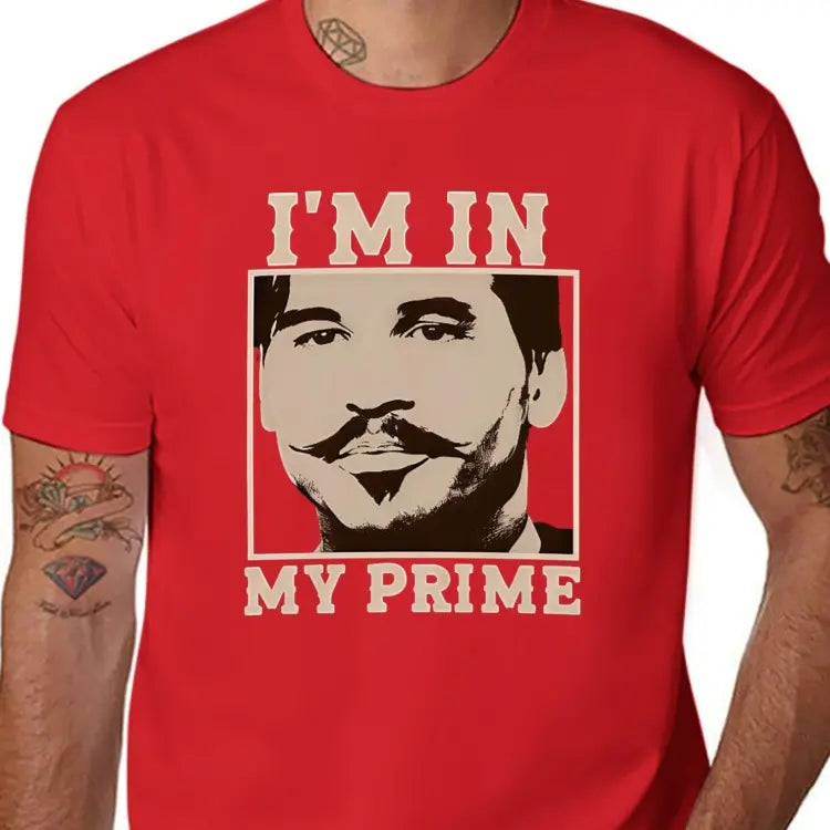 Vintage Tombstone Graphic T-Shirt for Men | Doc Holiday "I'm In My Prime" Print | Relaxed Fit Cotton Streetwear with Shortsleeve Crew Neck