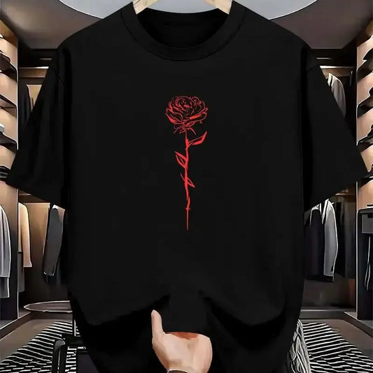 Cotton short sleeve T-shirt comfortable loose fit men's casual rose print T-shirt-crew neck, polyester blend, quick-drying, summer wear 052