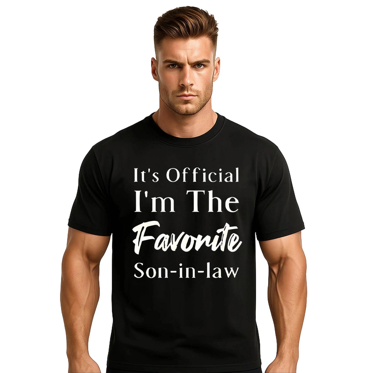 Men's "Favorite Son-in-Law" Letter Pattern Round Neck Short-Sleeved T-Shirt Classic Cotton Dark Blue Breathable Stylish Casual Top