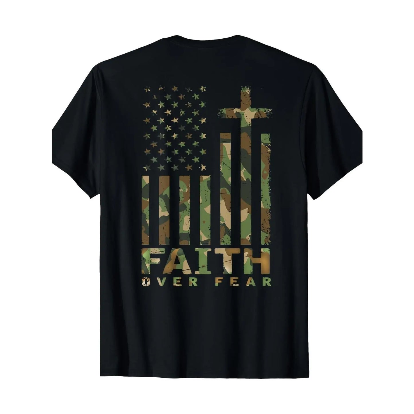 [Cotton | Inspirational] 100%25 Cotton Men's Camo & American Flag T-Shirt | Short Sleeve, Crew Neck, All-Season Casual Wear | Black with Inspirational "Faith Over Fear" Design