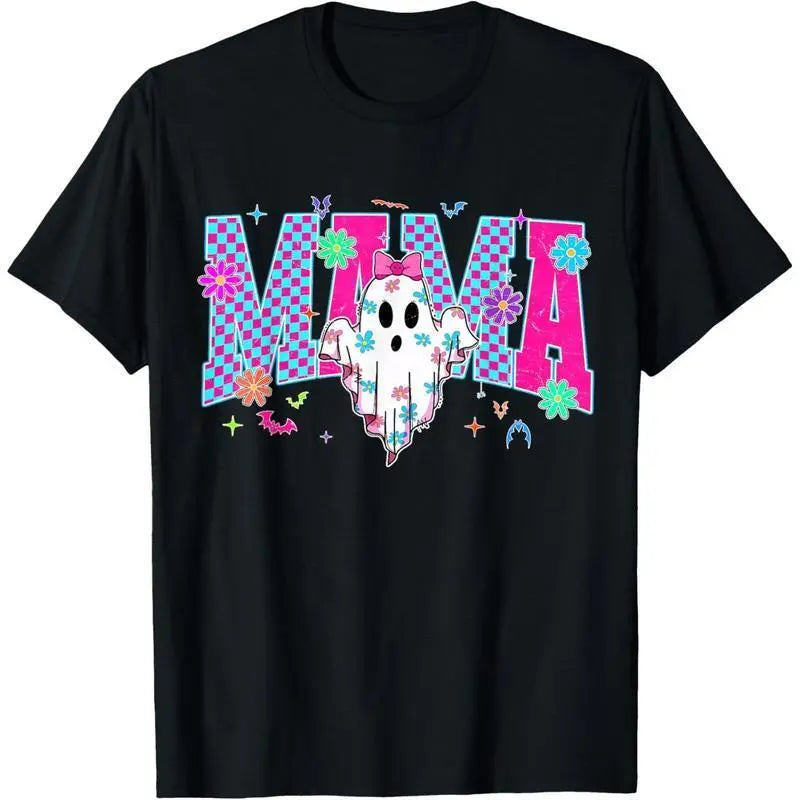 Women's Spooky Mama Halloween Cute Ghost Coquette Bow Short-Sleeve Round-Neck Trick-or-Treat T-Shirt, All-Seasons Womenswear Top
