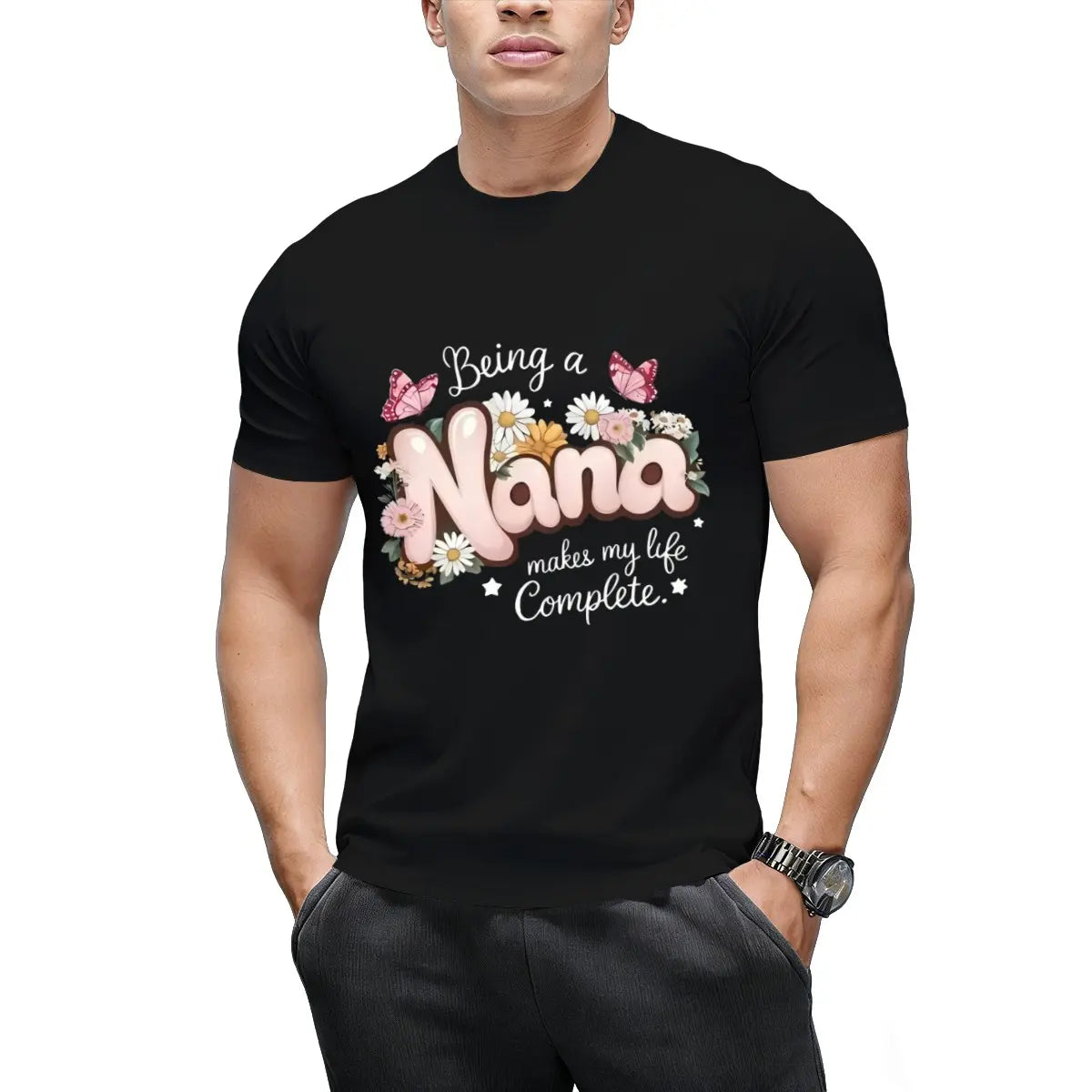 Women's "Being a Nana" Floral & Butterfly Print T-Shirt - Grandma Gift, Comfort Fit Round Neck Short Sleeve Blouse for Spring Summer Casual Wear - Top for Nana