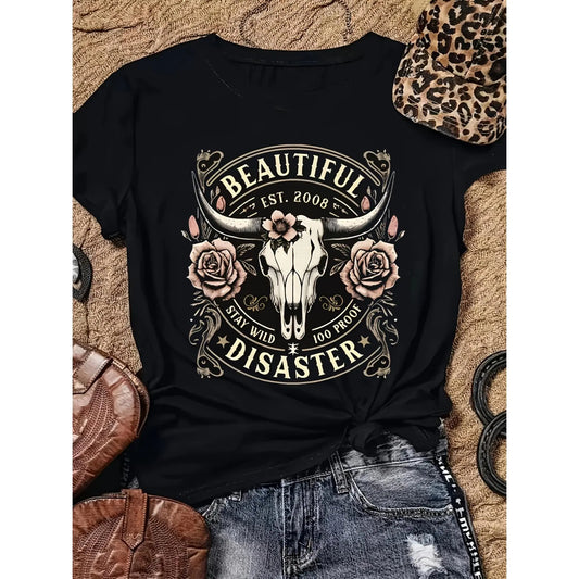 [100%25 Cotton] Women'S Western Cowboy Graphic T-Shirt - Black Short Sleeve Crew Neck Top With Bull Skull & Floral Design, "" Vintage 2008 Text, Casual Spring/Summer Tee For Outdoor & Casual Attire T-Shirt For Men And Women.