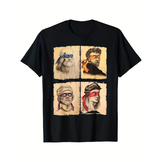 Mens Casual Short Sleeve T Shirt Featuring Humorous Italian Artists and Teenage Mutant Ninja Turtles Artwork, Regular Fit Round Neck Tee for Art Enthusiasts & Ninja Turtle Fans