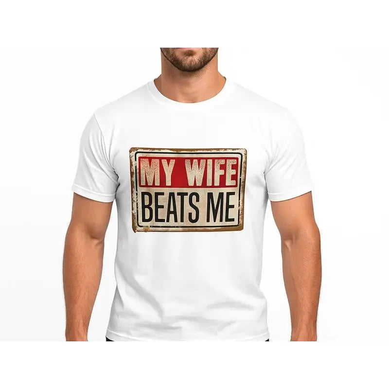 Cotton Short Sleeve T-Shirt Funny My Wife Beats Me Shirt, American Flag Husband and Wife Shirts, Husband Shirt for Men, Father's Day Gift, Menswear Classic Casual Fabric