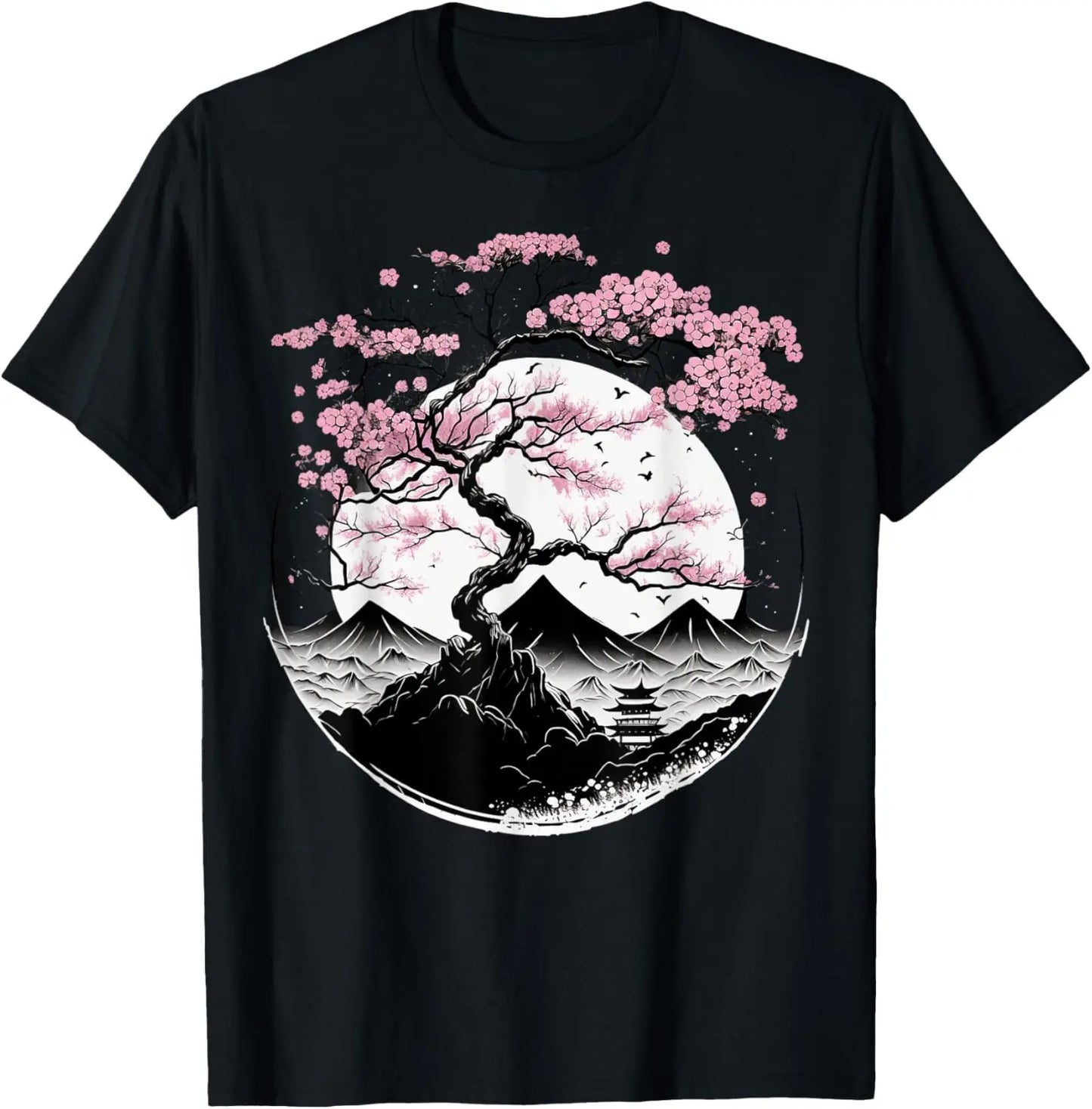 100%25 Cotton Japanese Sakura Garden Geisha Mount Fuji Cherry Blossom T-Shirt