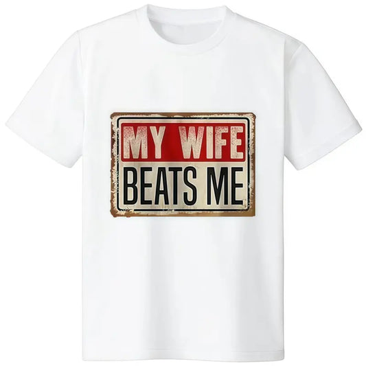 Cotton Short Sleeve T-Shirt Funny My Wife Beats Me Shirt, American Flag Husband and Wife Shirts, Husband Shirt for Men, Father's Day Gift, Menswear Classic Casual Fabric