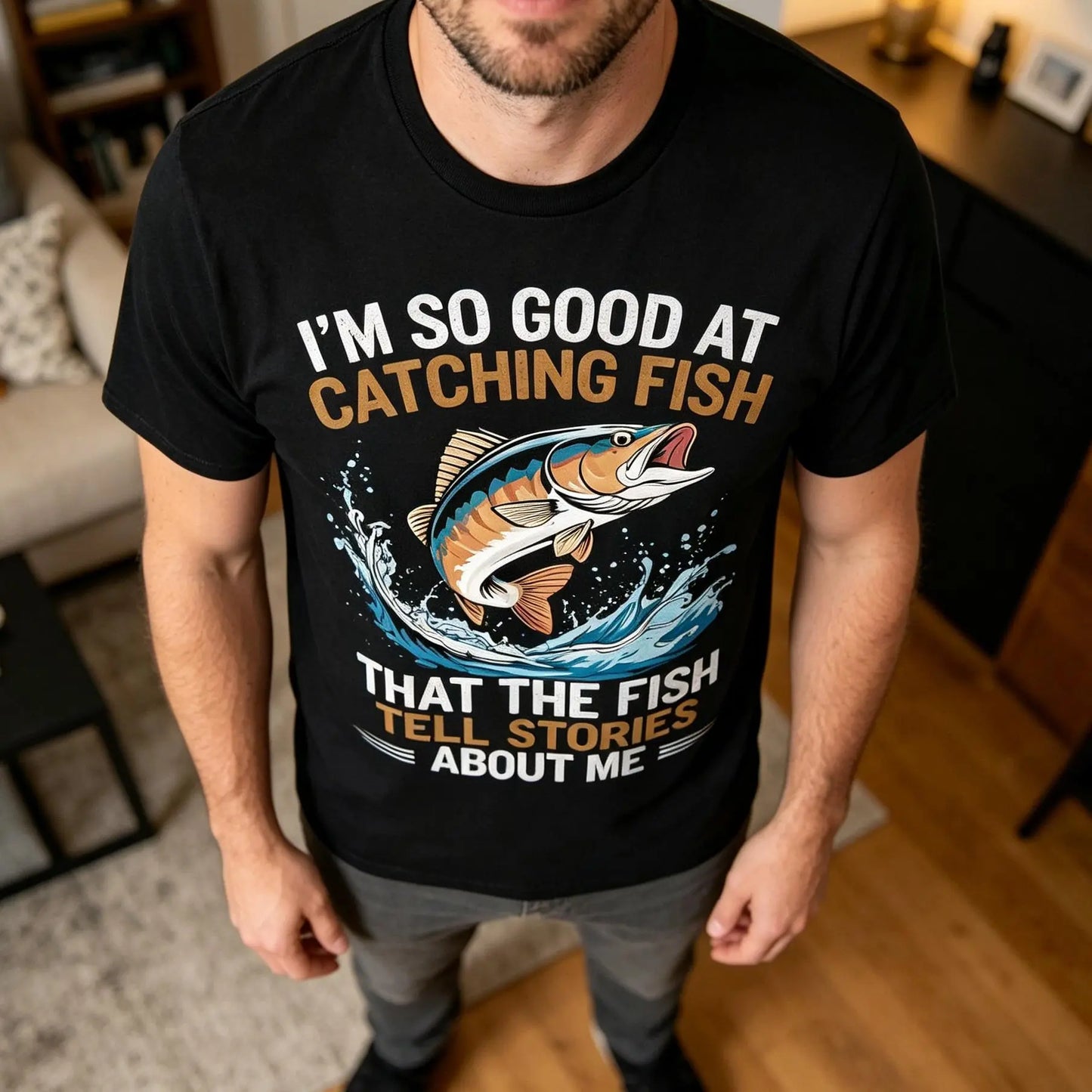Men's Funny Fishing T-Shirt I Fish So Well The Fish All Tell Stories with Jumping Fish Graphic Lightweight Breathable 100%25 Cotton All-Season Casual Outdoor Fishing Apparel Sizes S-XXXL Machine Washable Ideal Gift  double print  Tshirt Round Neck Menswea