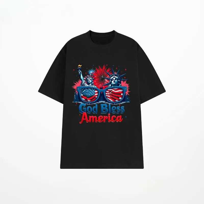 Womens Patriotic God Bless America T-Shirt - 100%25 Round Neck Short Sleeve Tee with Statue of Liberty & Flag Fashion Glasses Design, Vibrant Fireworks & Stars Print for 4th of July, Memorial Day, Juneteenth, Mothers Day - Casual Spring