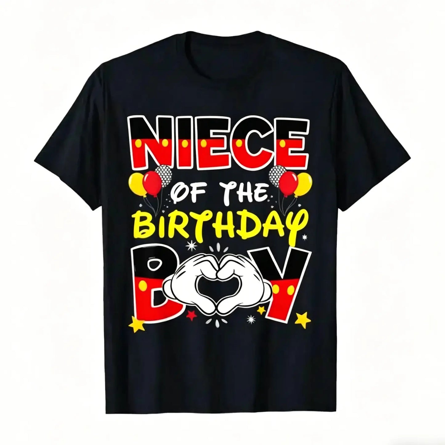 Men's "Daddy of the Birthday Boy" Graphic T-Shirt - Black, Casual, Shortleeve Crewneck Top, Menswear Streetwear Trendy Tshirts with Colorful Heart & Confetti Design, Ideal for Family Celebrations, Comfortable Fit