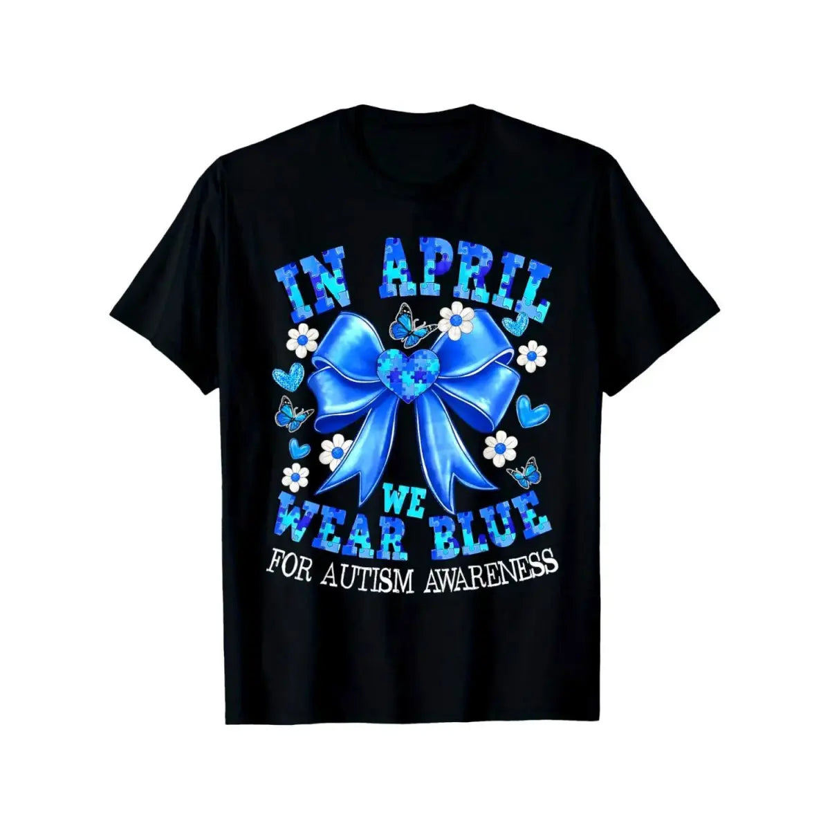 April We Wear Blue Autism Awareness Coquette Bow Puzzle TShirt