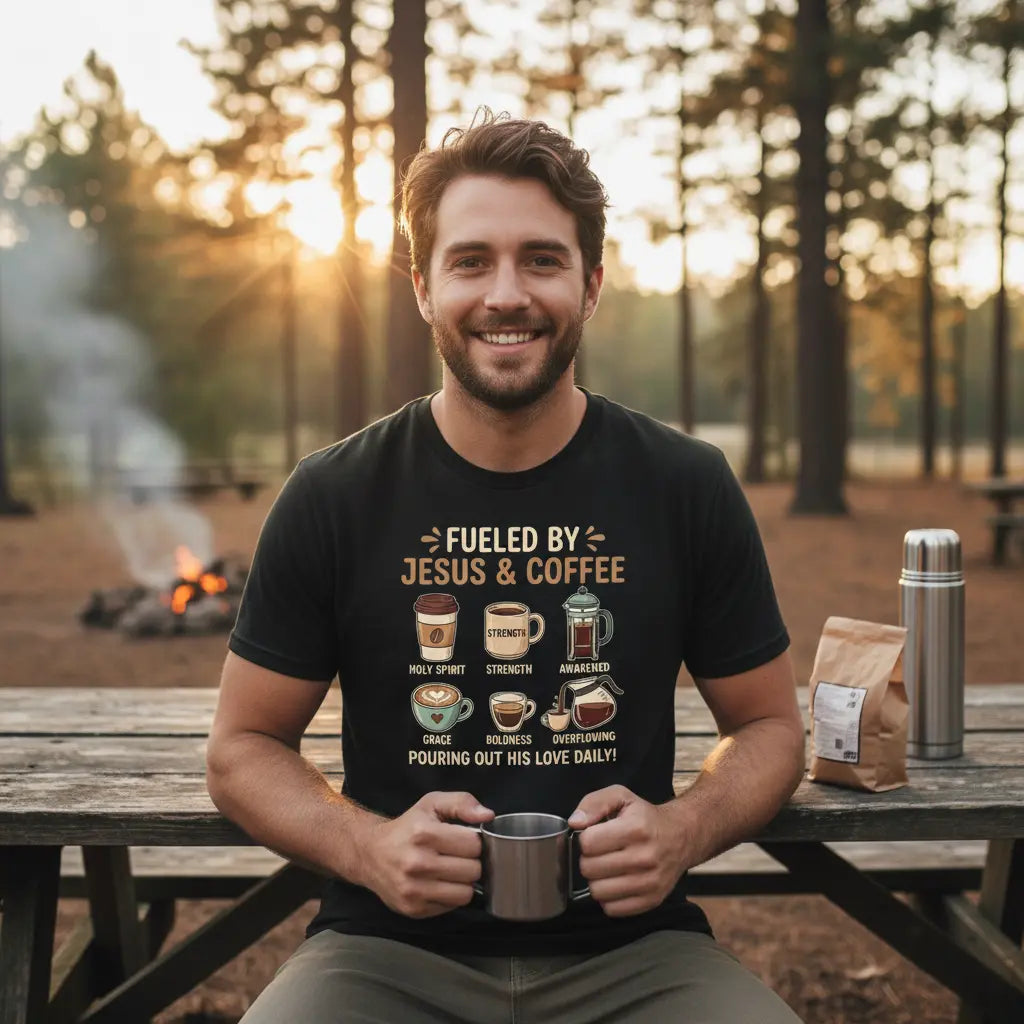 Fueled by Jesus and Coffee T-Shirt - Christian Faith Graphic Tee for Men and Women, Inspirational Religious Coffee Lover Gift, Vintage Short Sleeve Casual Cotton Shirt, Spiritual Scriptural Apparel 052