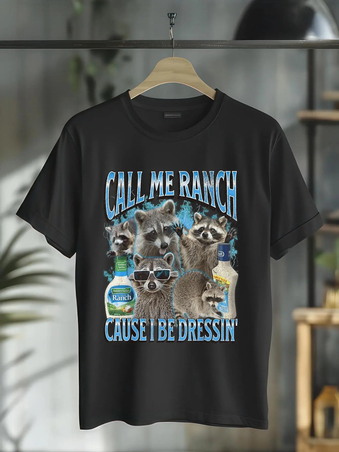 100%25 Cotton Call Me Ranch Cause I Be Dressin Funny Raccoon Meme Bootleg T-Shirt Casual Short Sleeve Shirt Fabric Menswear Retro Raccoon Moon Graphic T-shirt casual cotton streetwear