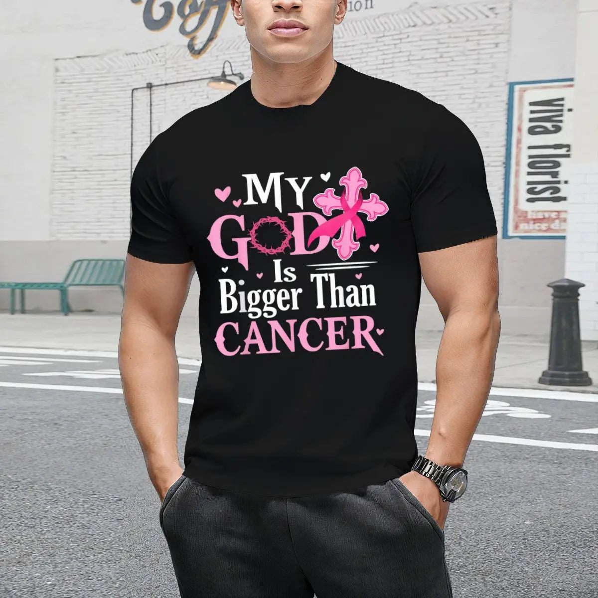 Women's Casual Short-Sleeve Round Neck Top - Breathable Fabric Shirt, Breast Cancer Awareness Garment with "My God Is Bigger Than Cancer" Jesus Design for Tropical Outdoor Beach Wear