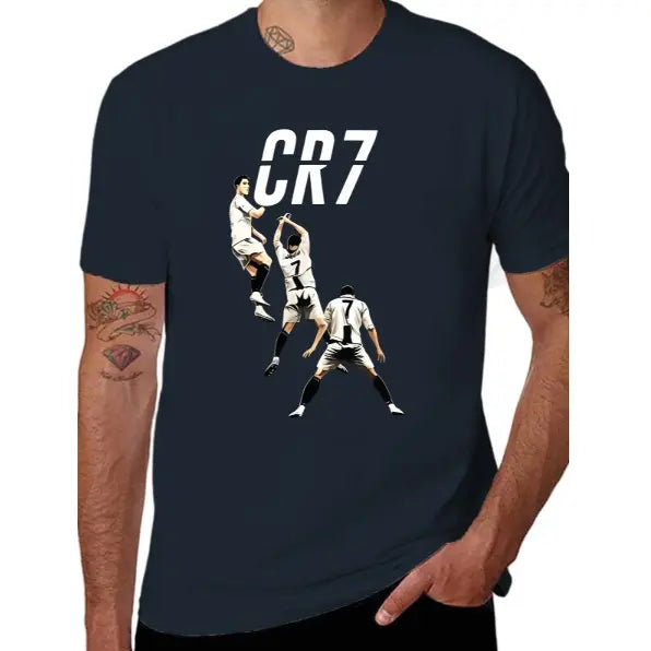 Men's & 's Ronaldo-Inspired CR7 Logo Design T-Shirt - White 'R' & '7' Lettering, Breathable Polyester Knit, Casual Round Neck Short Sleeve Tee for Fans, Casual Attire & Apparel