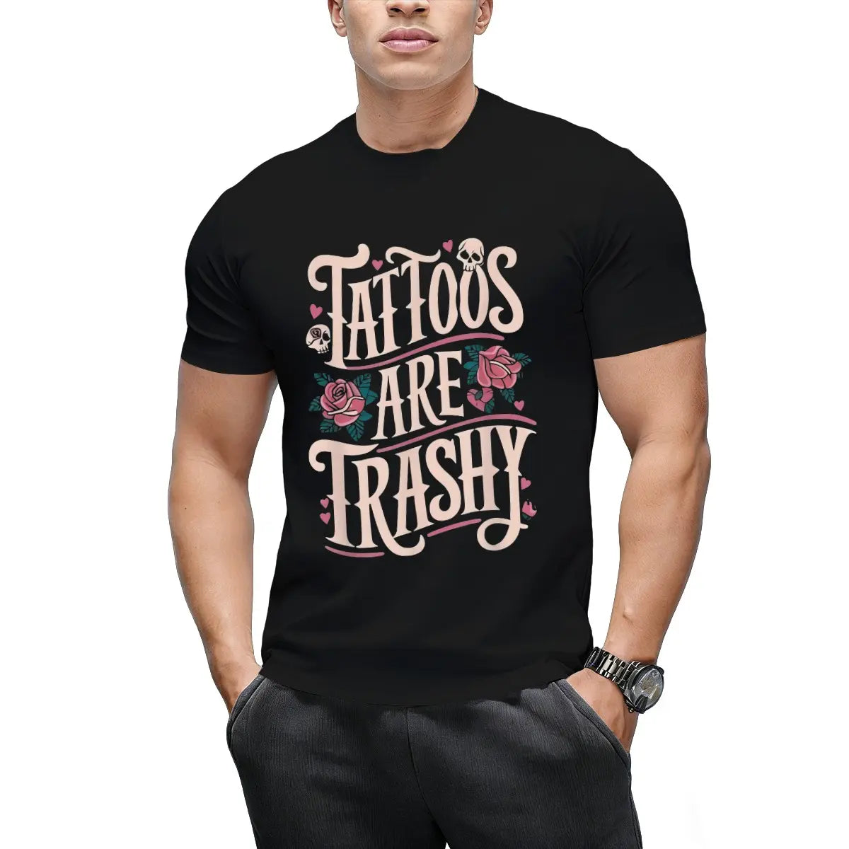 Unisex T-Shirt |   Casual Round Neck, Geometric Pattern, "Tattoos Are Trashy" Slogan, Breathable Knit Fabric