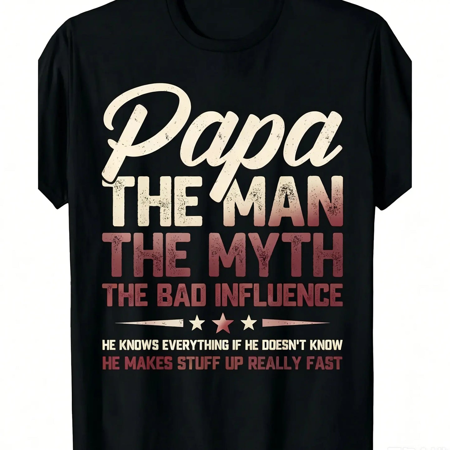 Oversized Round Neck Short-Sleeve Unisex Papa "The Myth The Bad Influence" Graphic Tee, High-Quality Comfortable Casual Men's Top, 2026 Summer Trendy Streetwear, Father's Day Men's Gift, All-Over Print, Medium Length