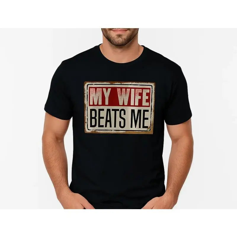 Cotton Short Sleeve T-Shirt Funny My Wife Beats Me Shirt, American Flag Husband and Wife Shirts, Husband Shirt for Men, Father's Day Gift, Menswear Classic Casual Fabric