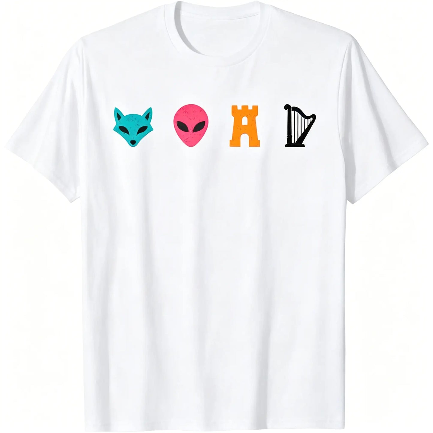 Casual Graphic T-Shirt with Funny Fox Alien Castle Print - Unisex Streetwear Top, Soft Short Sleeve Round Neck