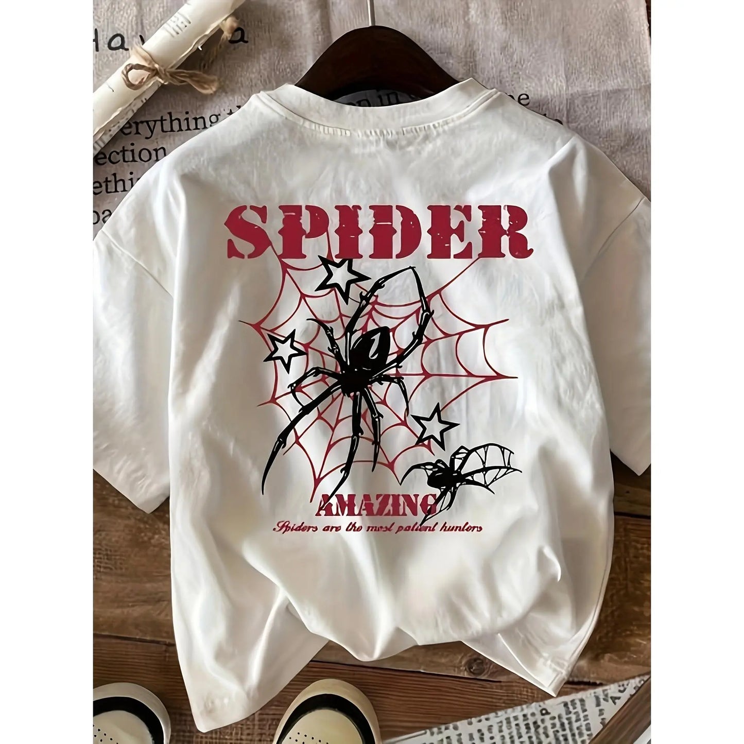 100%25 Cotton Spider Patterned T-shirt - "Spider Wonder" Design Tee for Women Men, Red Spider Webs and Black Spiders, Casual Round Neck Unisex Short Seeved Top