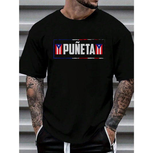Men's 100%25 Cotton Funny Puerto Rican Boricua Hispanic Puñeta Puerto Rico Short-Sleeve Distressed Graphic T-Shirt, Menswear Streetwear Casual Top