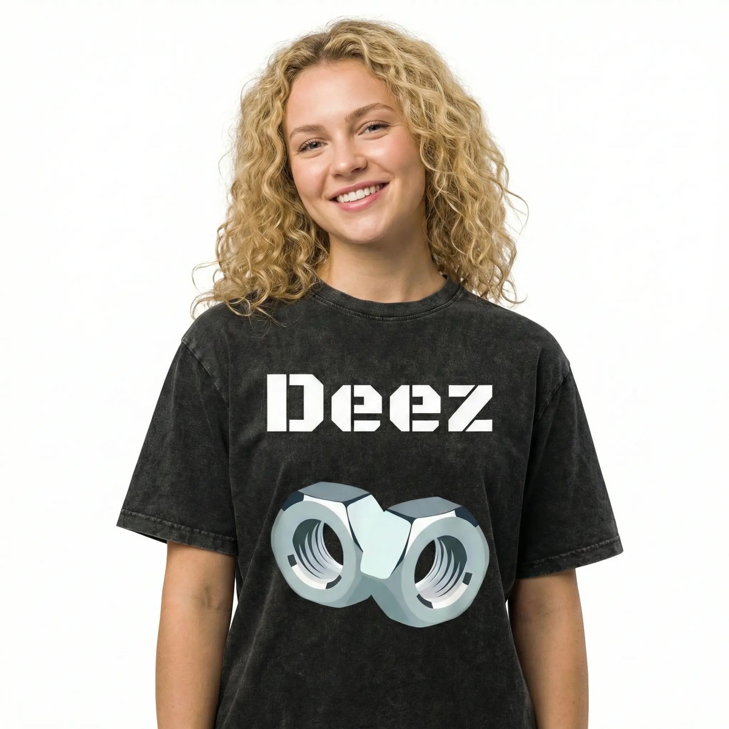 Black trendy T-shirt "Deez" with three-dimensional nut print, functional loose short-sleeved unisex style deez nut