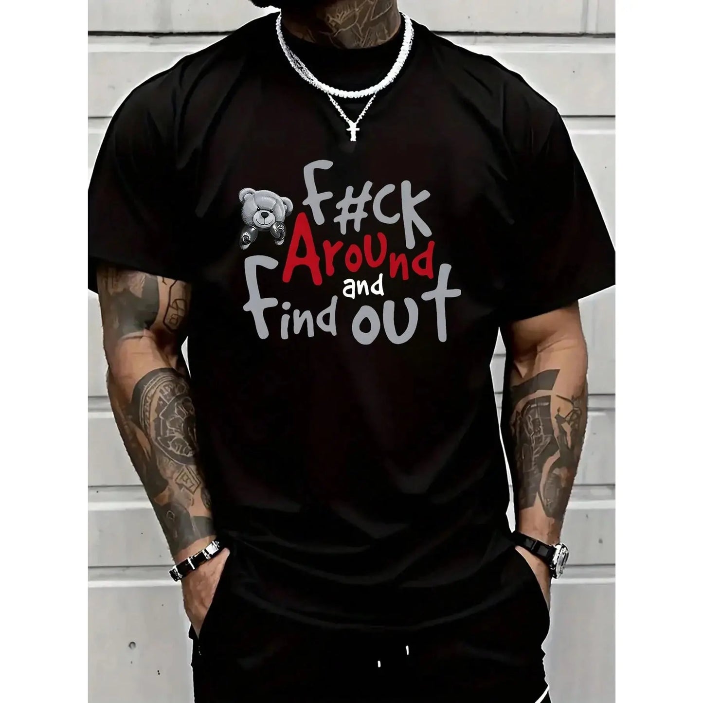 Men's Casual 100%25 Cotton T-Shirt with Boxer Bear Graphic - "FK AROUND AND FIND OUT" Print, Black, Short Sleeve, Round Neck, Machine Washable, All-Season Comfort