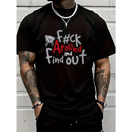Men's Casual 100%25 Cotton T-Shirt with Boxer Bear Graphic - "FK AROUND AND FIND OUT" Print, Black, Short Sleeve, Round Neck, Machine Washable, All-Season Comfort