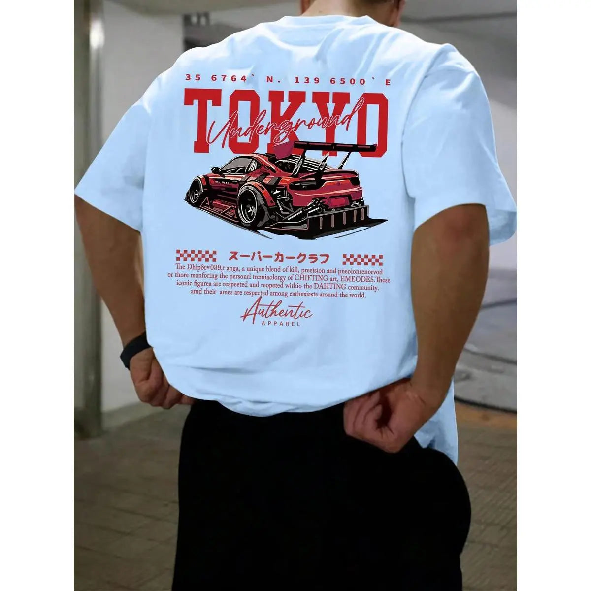 Men's Regular Fit Car & Letter Print Round Neck Tee, Street Fashion Casual Short Sleeve T-shirt for Daily Wear, Men's Top for All Seasons, Tropical, Streetwear