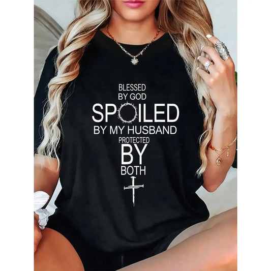 100%25 Cotton  By God Spoiled By My Husband Protected By Boths T-Shirt Casual Fashion Comfy Casual Chic Minimalist Black